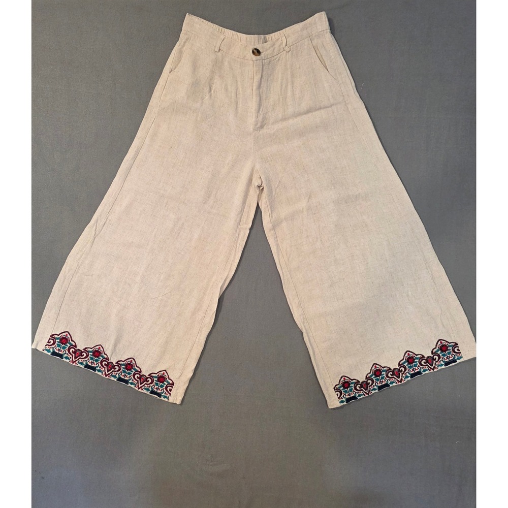 Boho Embroidered Hem Wide Leg Linen Pants Beige Oatmeal High Waist Cropped M